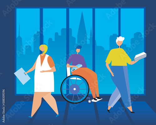 Inclusive office, disabled worker in wheelchair as inclusive society concept, flat vector stock illustration with worker and other people