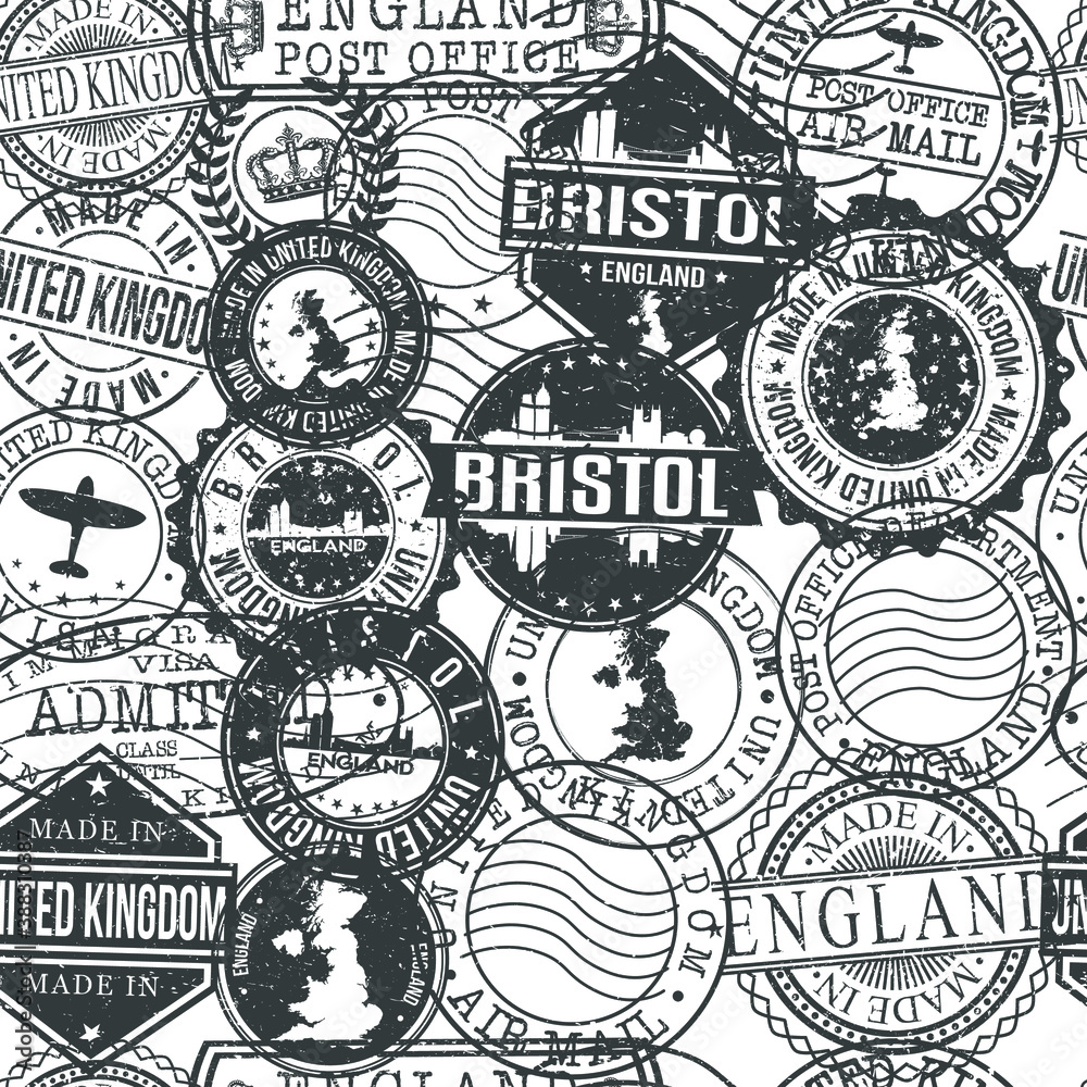 Obraz premium Bristol England Stamps Background. City Stamp Vector Art. Postal Passport Travel. Design Set Pattern.