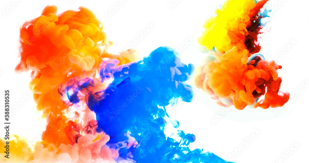 Color drops in water , abstract color mix , drop of Ink color mix paint falling on background,