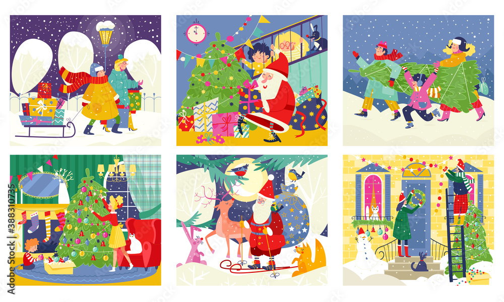 Naklejka premium People preparing for Christmas set of vector illustrations scenes. Decorating Christmas tree with baubles and garland. Happy family or friends prepare for Christmas holiday celebration. Xmas presents.