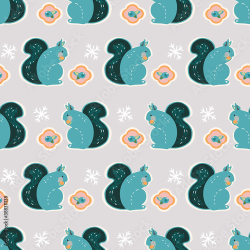 Vector cute geometric winter squirrel kawaii pattern. Seamless scandinavian style design with stylized squirrel and berry on neutral grey background. Perfect for fabric  nursery and home decor.