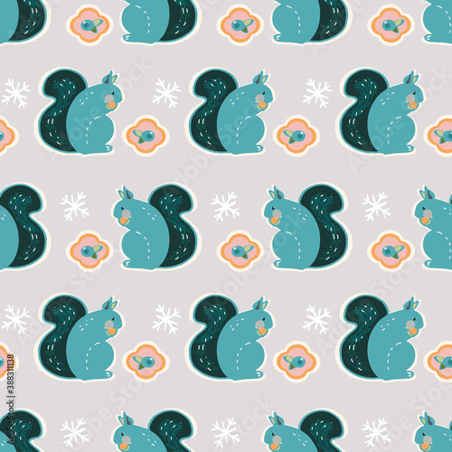 Vector cute geometric winter squirrel kawaii pattern. Seamless scandinavian style design with stylized squirrel and berry on neutral grey background. Perfect for fabric, nursery and home decor.