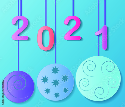 happy new year to 2021. paper patterns of figures and Christmas balls. vector graphics