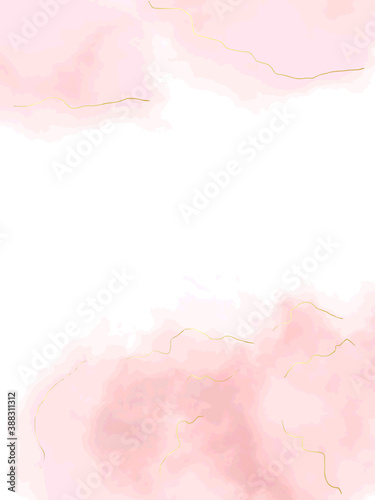 Blush pink watercolor fluid painting design card. Rose gold marble frame. Spring wedding invitation. Dye splash style. Alcohol ink. Vector