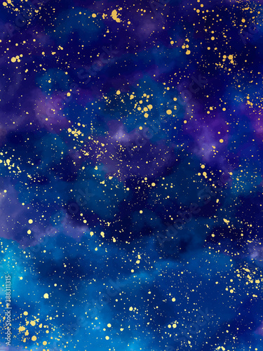 Magic night dark blue sky with sparkling stars.Golden scattered dust. Navy classic blue color. Vector
