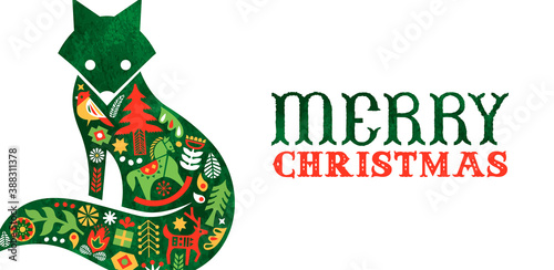 Merry Christmas retro watercolor folk fox banner photo