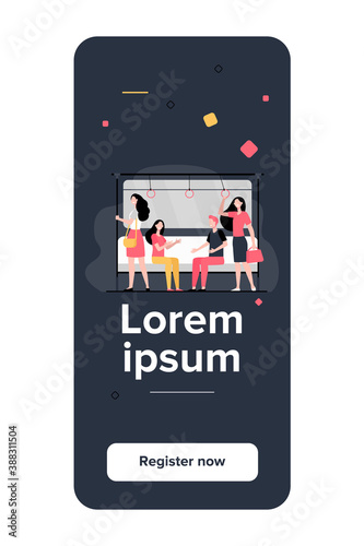 Passengers traveling by subway train. City people sitting and standing in carriage. Vector illustration for tube, metro, transport, commuting concept