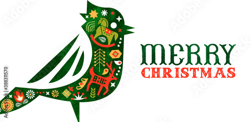 Merry Christmas retro watercolor folk bird banner