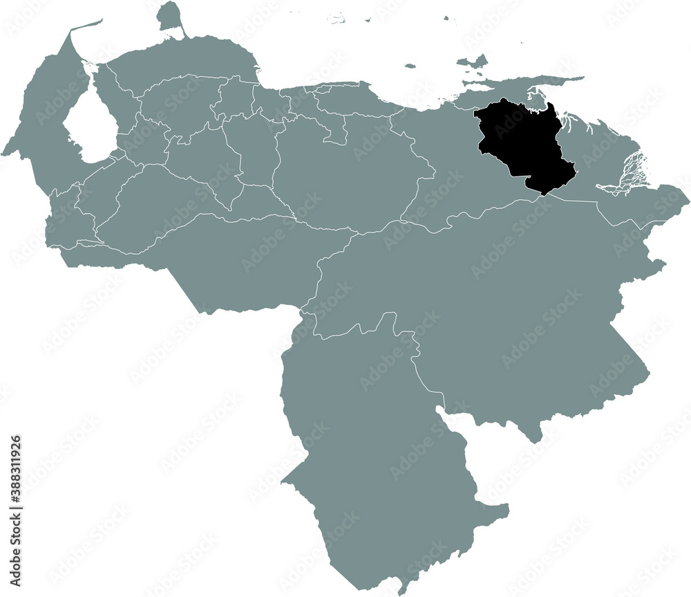 Black Location Map of the Venezuelan State of Monagas within Grey Map of Venezuela