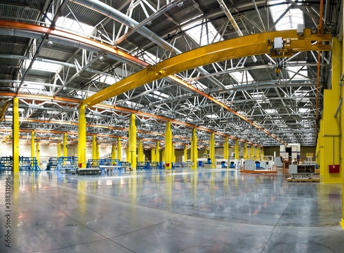 Photography Panoramic view inside a spacious empty assembly hall (shop) in Russia