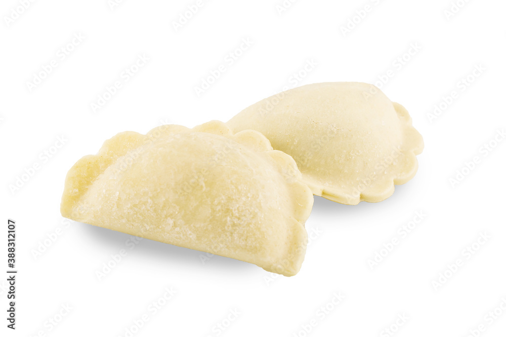 Two raw dumplings close up. Isolated on white background.
