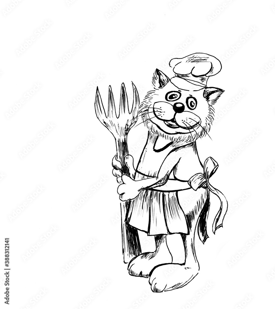 Fototapeta premium Funny cat-cook in a hat and apron holding a large fork, monochrome drawing.