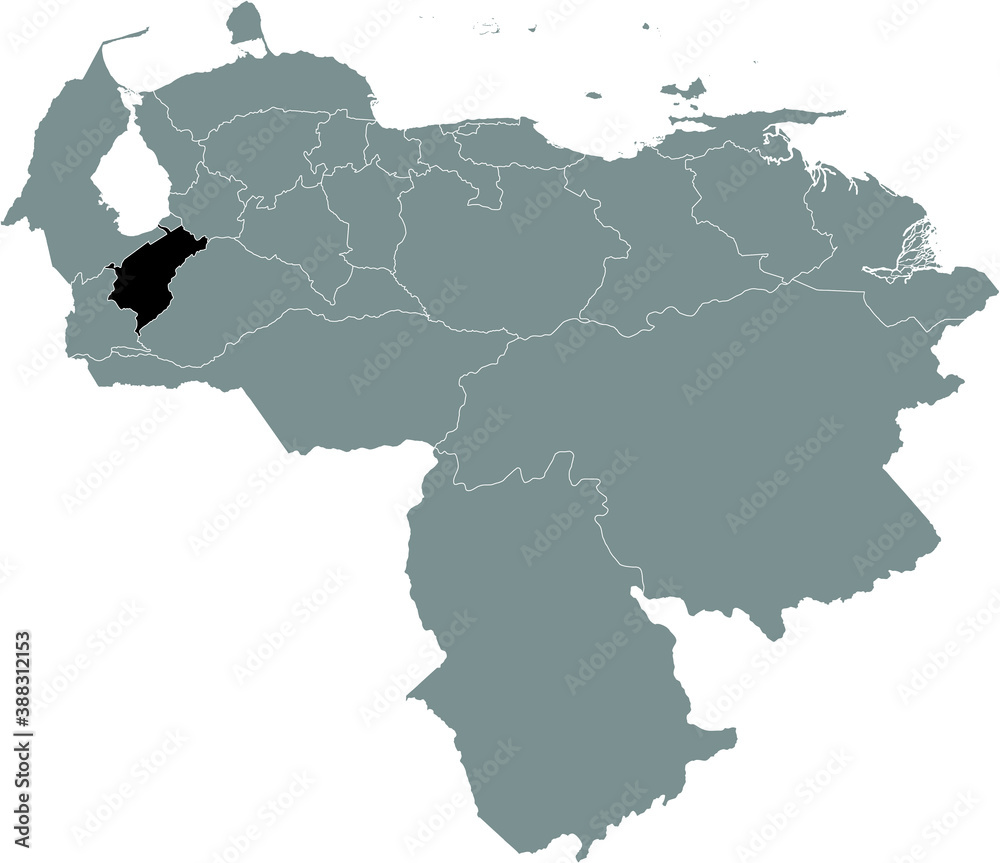 Black Location Map of the Venezuelan State of Mérida within Grey Map of Venezuela