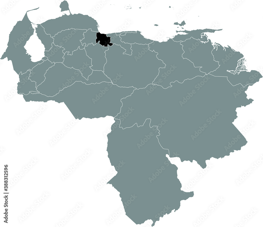 Black Location Map of the Venezuelan State of Carabobo within Grey Map of Venezuela