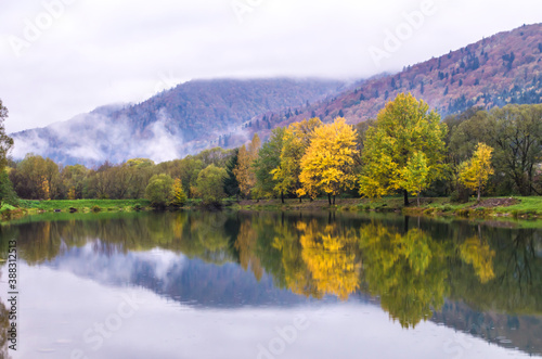 Autumn park with pond. Lake reflections of fall foliage.