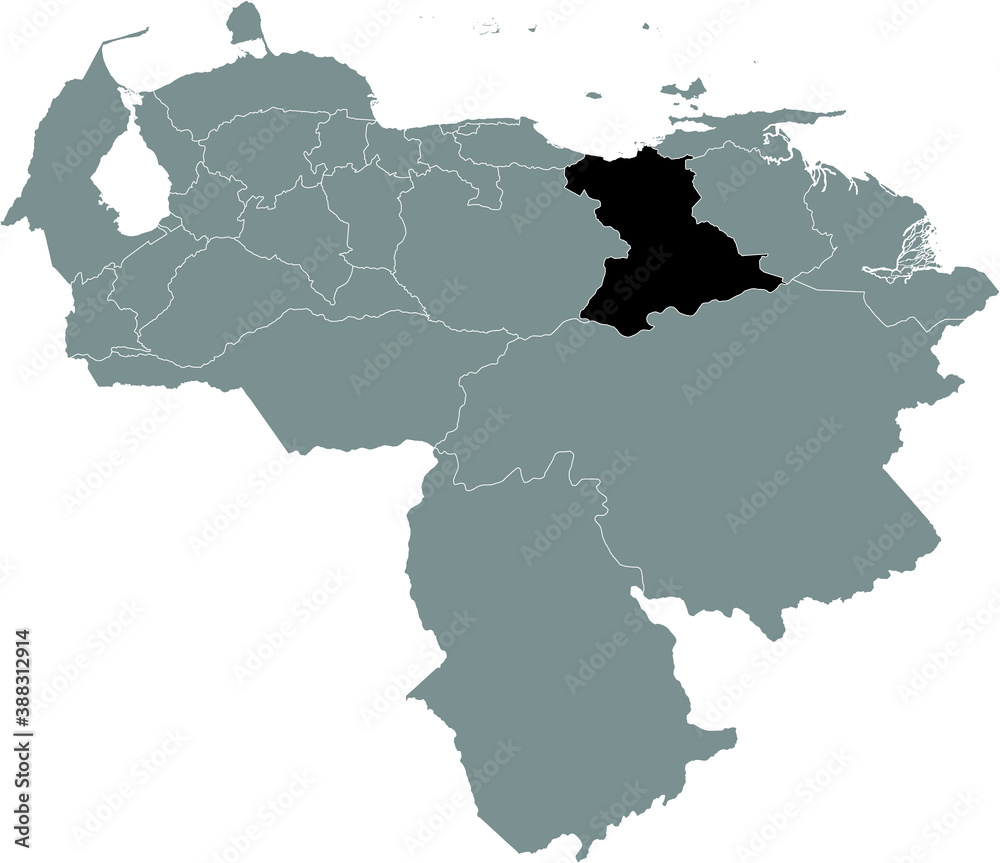 Black Location Map of the Venezuelan State of Anzoátegui within Grey Map of Venezuela
