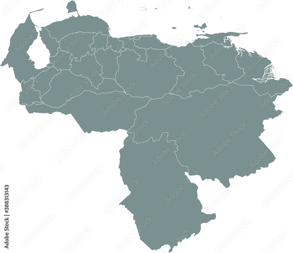 Grey Blank Flat States Map of the South American Country of Venezuela