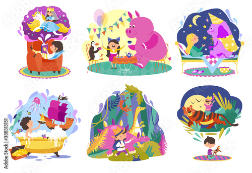 Kids imagination, fantasy world cartoon vector illustrations set. Children and cute monsters. Little boy, girls imagine magical fairytale creatures, riding dragon. Magical dreams, imaginable animals.