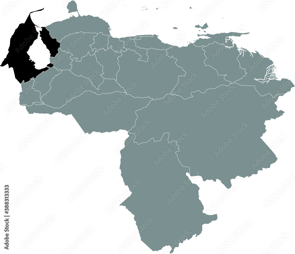 Black Location Map of the Venezuelan State of Zulia within Grey Map of Venezuela