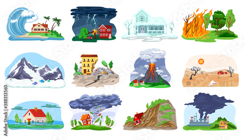Valokuva Natural disaster, catastrophe set of vector illustrations with tornado, blizzard, fire, tsunami