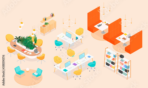 Isometric office interior - desks, conference table, furnitures and appliances. Vector illustration in flat design, isolated.
