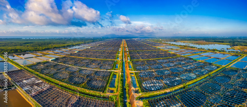Aerial view of the High technology white shrimp ( prawn ) farm with aerator p...