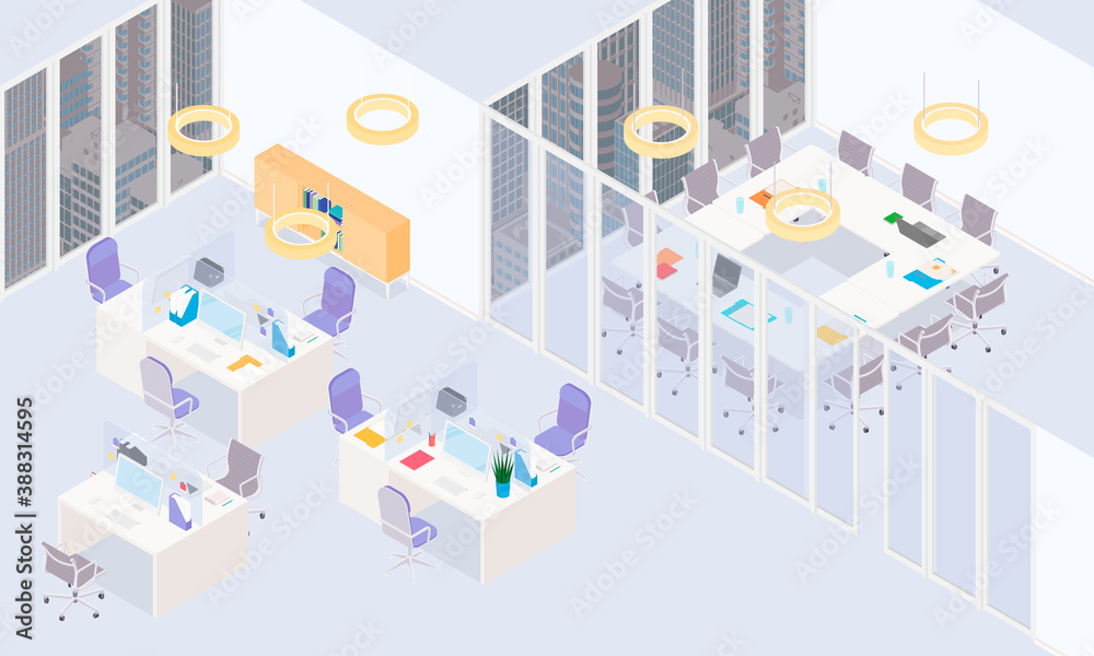 Isometric office interior - desks, conference table, furnitures and appliances. Vector illustration in flat design, isolated.

