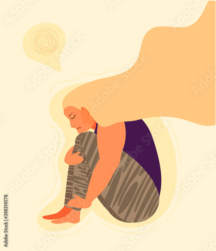 Stressed, frustrated girl concept vector. Scene of accusation in life, depression in work. Upset girl with long hair sits and hugs her knees. Difficult task, problem