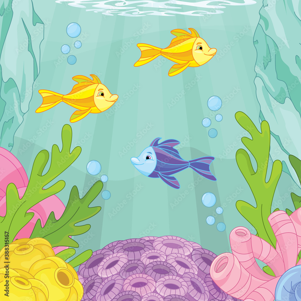 Obraz premium Underwater world with fish , concept kids print, greeting and invitation cards