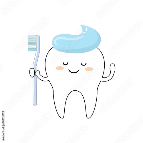 Cute tooth character with toothpaste cap holding toothbrush. Kawaii smiling face. Teeth brushing habit dental health routine good habits concept