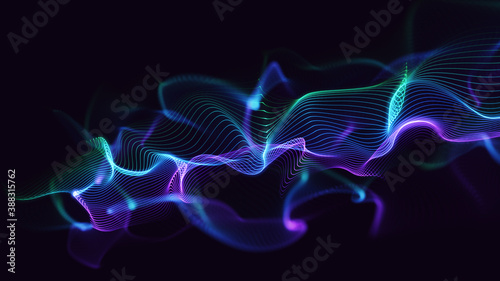 Abstract wavy background illustration. Colourful glowing line particles with beautiful bokeh. Digital 3d design concept
