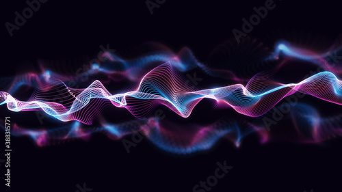 Dynamic wavy lines background. Glowing multi-colour line particles with beautiful bokeh. Digital tech 3d illustration concept