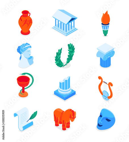 Ancient Greece - modern colorful isometric icons set