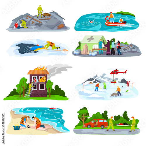 Rescue drowning first aid vector illustration. Patient woman in unconscious. Drunk person overdose party. Sneak attack victim rescue. CPR rescue team. Victim of fire evacuation. Earthquake rescue.