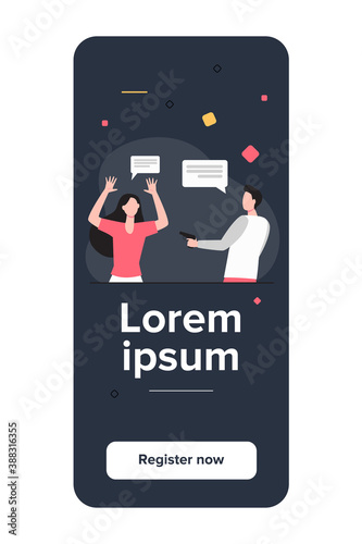 Angry guy threatening scary woman with gun. Speech bubble, weapon, attack flat vector illustration. Violence and crime concept for banner, website design or landing web page