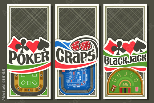 Vector set of Gambling Layouts with copyspace, 3 decorative leaflets with illustration of gambling tables top view, collection of vertical sign boards with unique brush lettering for gambling words.