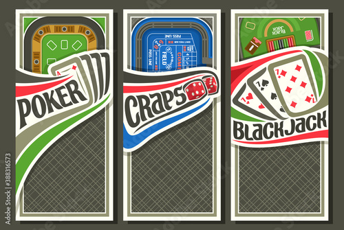 Vector set of Gambling Layouts with copy space, 3 decorative leaflets with illustration of gambling tables top view, collection of vertical signboards with unique brush lettering for gambling words.