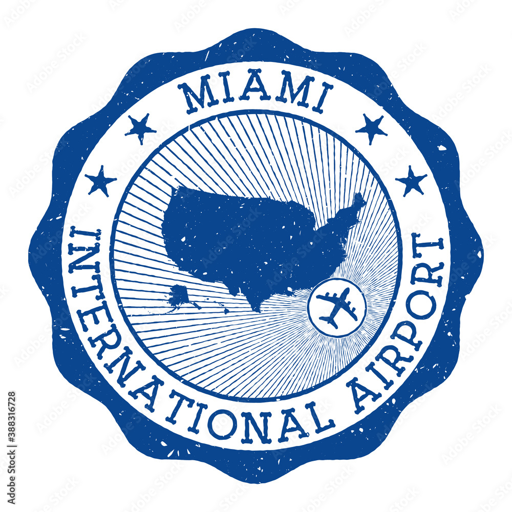 Miami International Airport stamp. Airport of Miami round logo with location on United States