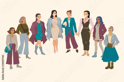 Different races and nationalities of women. A set of characters. Banner design, people illustration.