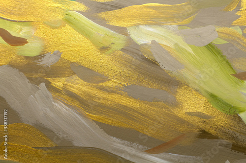 Abstract art background. Really Gouache painting on paper. Natural shades of Earth texture. Fragment of artwork. Spots of gold paint. Brushstrokes of paint. Modern art, hand painted.