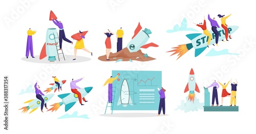 Startup, launching new product concept with rocket symbol in business development vector illustration. Innovation and technology. New project start-up launched by businessmen.
