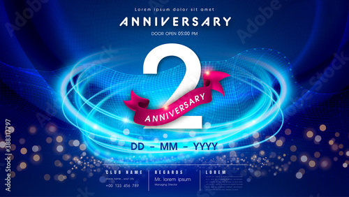 2 years anniversary logo template on dark blue Abstract futuristic space background. 2nd modern technology design celebrating numbers with Hi-tech network digital technology concept design elements.