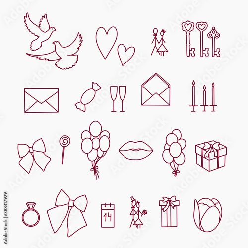 Valentine's Day. Set of cute linear icons: pigeons, hearts, couple, keys, envelope, champagne, candles, bow, balloons, lips, gift, ring, calendar, flower. Vector illustration.
