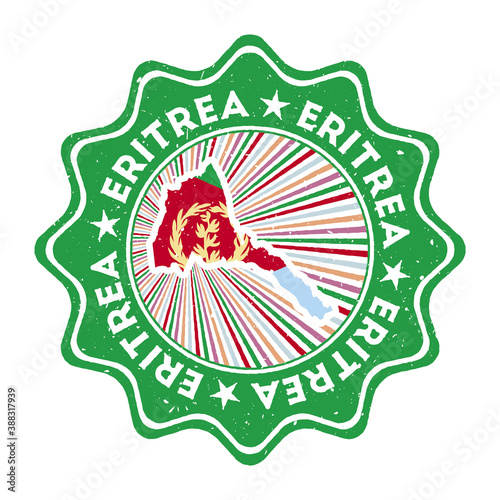 Eritrea round grunge stamp with country map and country flag. Vintage badge with circular text and stars, vector illustration.