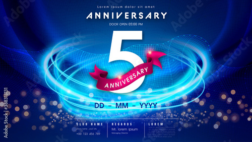 5 years anniversary logo template on dark blue Abstract futuristic space background. 5th modern technology design celebrating numbers with Hi-tech network digital technology concept design elements.