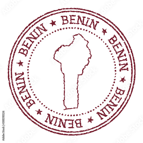 Benin round rubber stamp with country map. Vintage red passport stamp with circular text and stars, vector illustration.