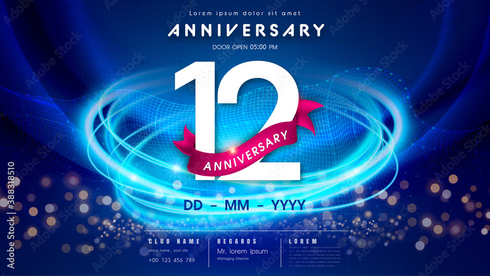 12 years anniversary logo template on dark blue Abstract futuristic space background. 12th modern technology design celebrating numbers with Hi-tech network digital technology concept design elements.
