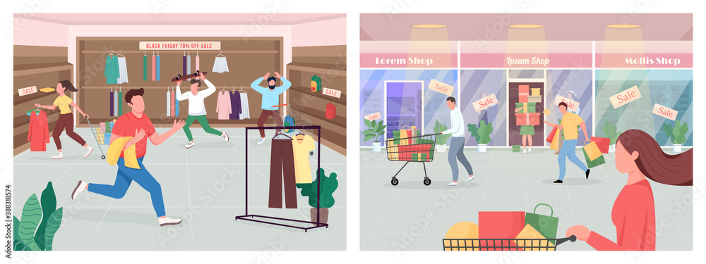 Shopping on black friday flat color vector illustration set. Consumerism on seasonal sale. Sell clothes for buyers. Customer 2D cartoon characters with store interior on background collection