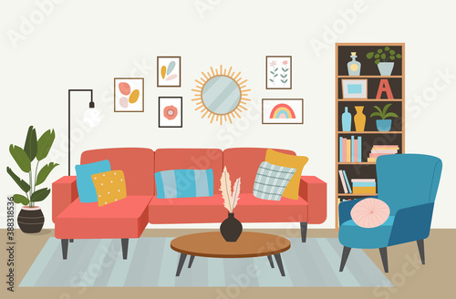 Living room interior. Comfortable sofa,  bookcase, chair and house plants. Vector flat illustration