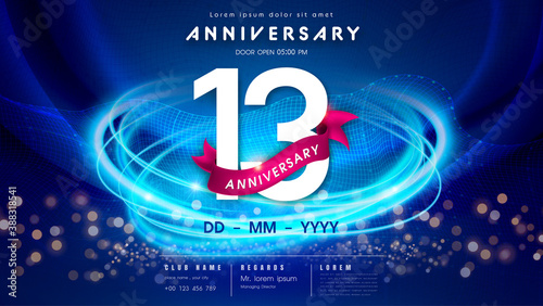 13 years anniversary logo template on dark blue Abstract futuristic space background. 13th modern technology design celebrating numbers with Hi-tech network digital technology concept design elements.